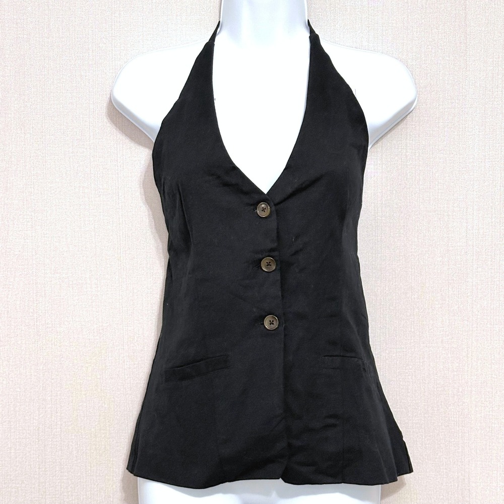 Black Halter Vest Top Linen Cotton Blend Open Back Waistcoat XL